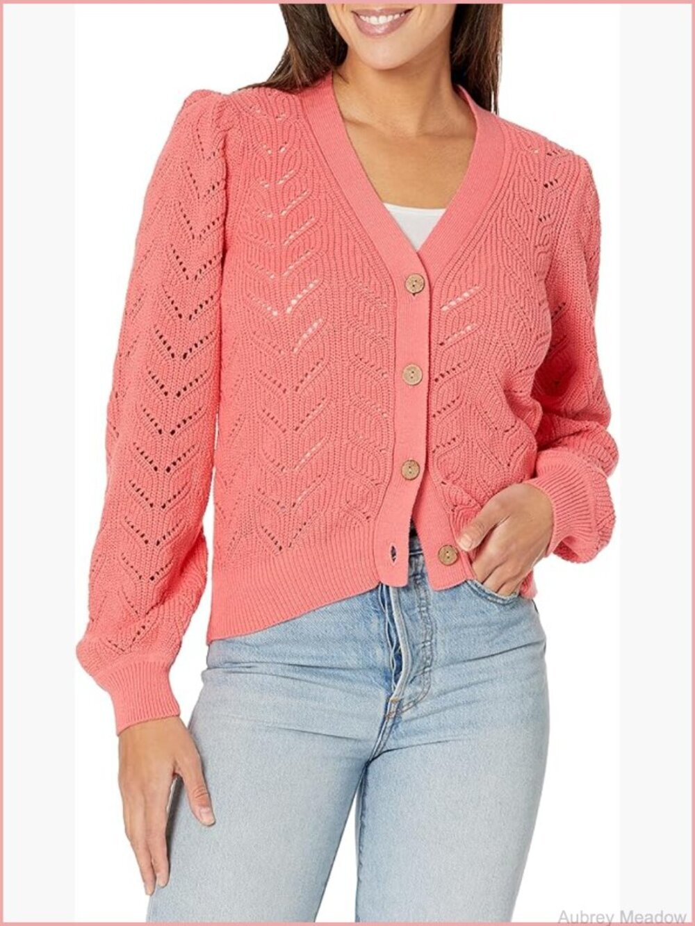 Cardigan Blouson Sleeve Pointelle Open Front Pullover Sweater